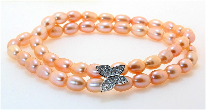 Double Strand Pink Freshwater Pearl & White Crystal Butterfly Charm Bracelet, Silver