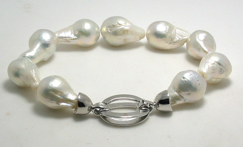 12X18MM Baroque White Freshwater Pearl Bracelet, Large Design Silver Clasp, 8in 