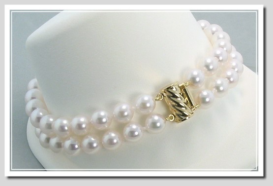 Two Str. AA+ 6.5-7MM Akoya Cultured Pearl Bracelet 14K Clasp 7in