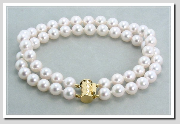 Two Str. AA+ 6.5-7MM Akoya Cultured Pearl Bracelet 14K Clasp 8in