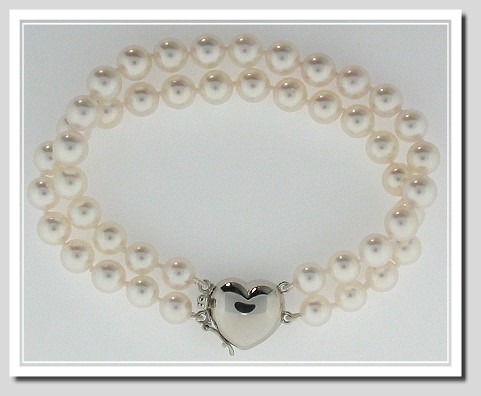 AA 7-7.5MM Akoya Chinese Cultured Pearl Double Strand Bracelet 14K Heart Clasp 8in