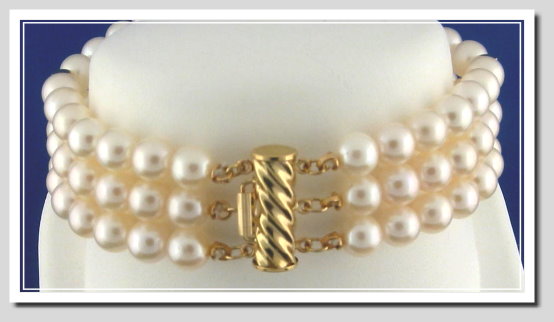 Tri Strand AAA 5.5-6MM Akoya Cultured Pearl Bracelet 14K Clasp 8in.