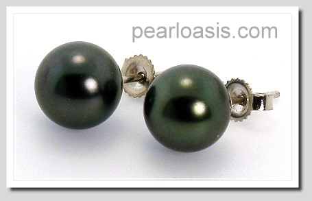 8.74MM Black Tahitian Pearl Earring Studs 14K White Gold