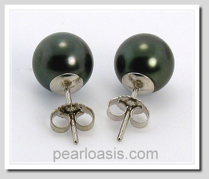 8.74MM Black Tahitian Pearl Earring Studs 14K White Gold