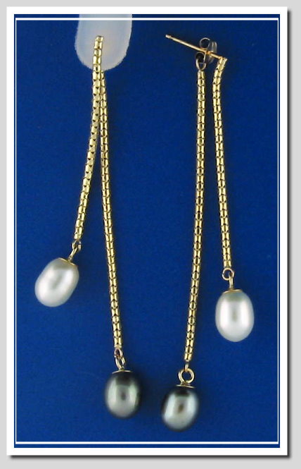 7.5X8.5MM White/Black Freshwater Pearl Lariat Earrings, 14K Yellow Gold, Exchangable