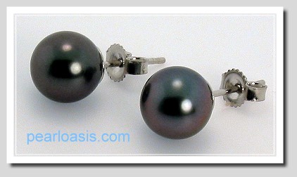 8.30MM Black Tahitian Pearl Earring Studs 14K White Gold