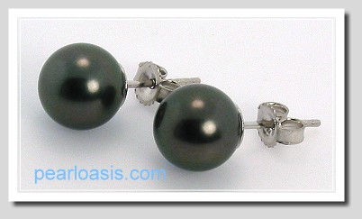 8.7MM Black Tahitian Pearl Earring Studs 14K White Gold