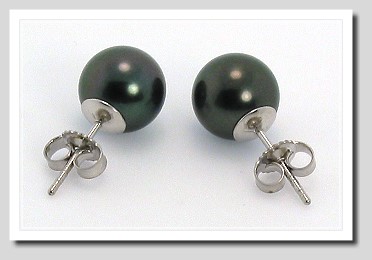8.7MM Black Tahitian Pearl Earring Studs 14K White Gold