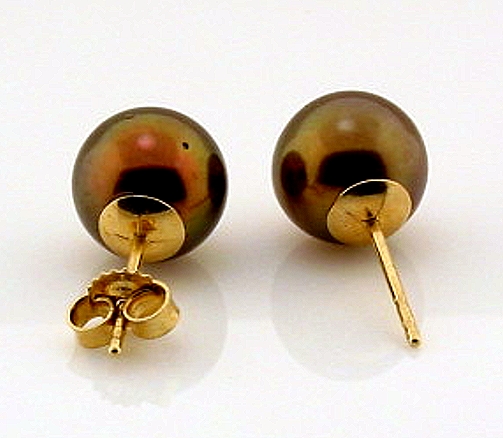 8.9MM Chocolate Tahitian Pearl Earring Studs, 14K Yellow Gold