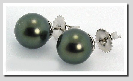 9.62MM Black Tahitian Pearl Earring Studs 14K White Gold