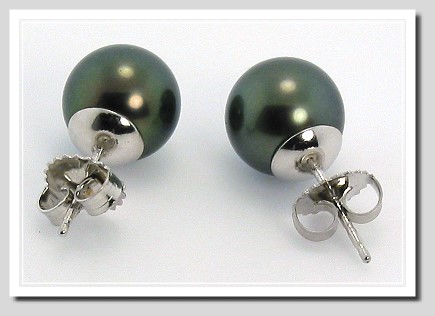 9.62MM Black Tahitian Pearl Earring Studs 14K White Gold