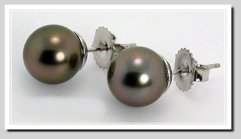 9.33MM Dark Gray Tahitian Pearl Earring Studs 14K White Gold