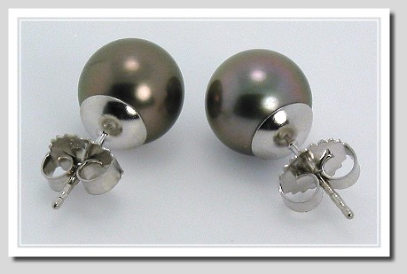 9.33MM Dark Gray Tahitian Pearl Earring Studs 14K White Gold