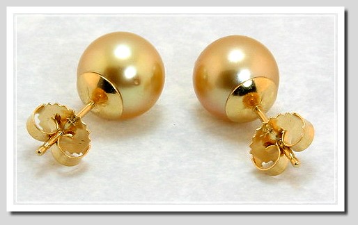 9.6MM Golden South Sea Pearl Earring Studs, 18K Yellow Gold