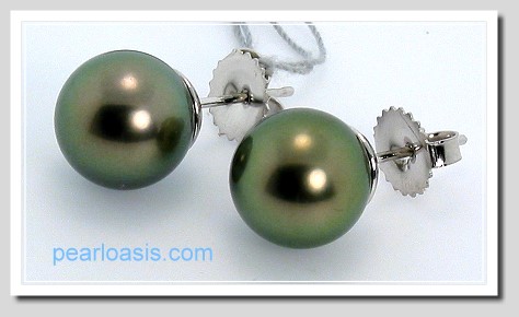 10MM Peacock Tahitian Pearl Earring Studs 14K White Gold