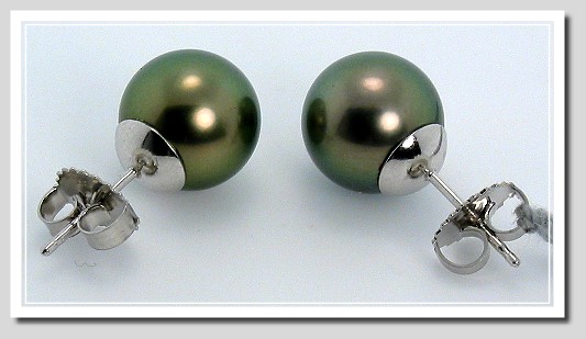10MM Peacock Tahitian Pearl Earring Studs 14K White Gold