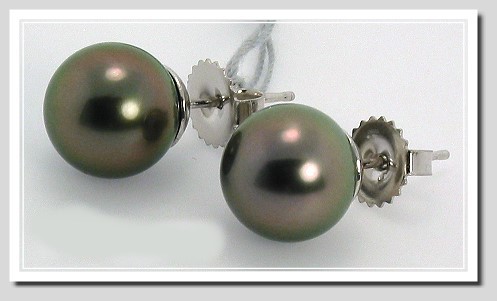 10.1MM Dark Gray Tahitian Pearl Earring Studs 14K White Gold