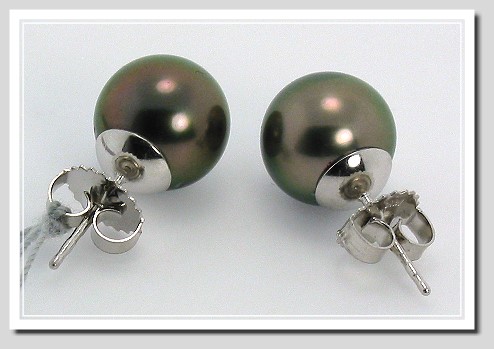 10.1MM Dark Gray Tahitian Pearl Earring Studs 14K White Gold