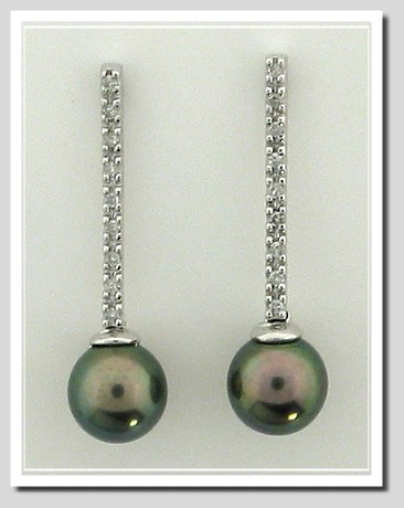 8MM Peacock Freshwater Pearl Diamond Dangle Earrings 14K White Gold 
