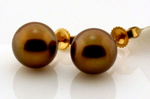 9.13MM Chocolate Tahitian Pearl Earring Studs, 14K Yellow Gold