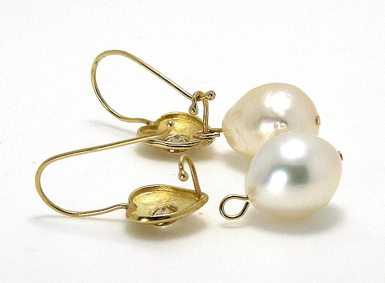 9.4X11MM White South Sea Pearl Heart Earrings, 14K Yellow Gold French Wires