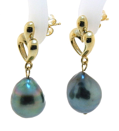 10X11.8MM Gray/Blue Tahitian Pearl Dangel Heart Earrings, 14K Gold