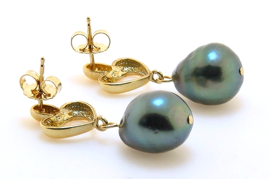 10X11.8MM Gray/Blue Tahitian Pearl Dangel Heart Earrings, 14K Gold