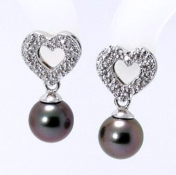 8.7MM Black/Red Tahitian Pearl Diamond Heart Earrings, 14K White Gold