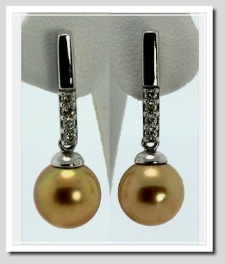 8.08MM Dark Golden South Sea Pearl Diamond Earrings 14K White Gold