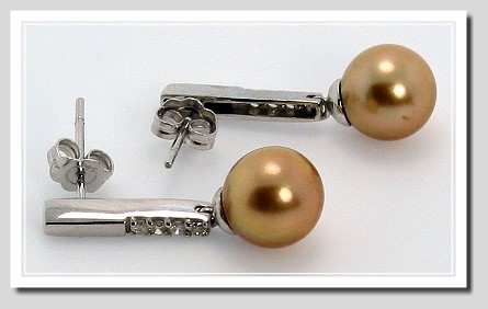 8.08MM Dark Golden South Sea Pearl Diamond Earrings 14K White Gold