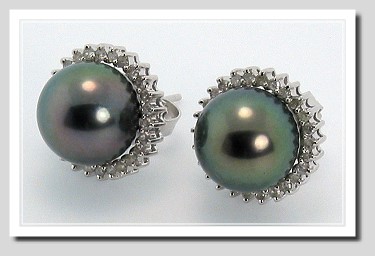 9.4MM Peacock Tahitian Pearl Diamond Earrings 14K White Gold