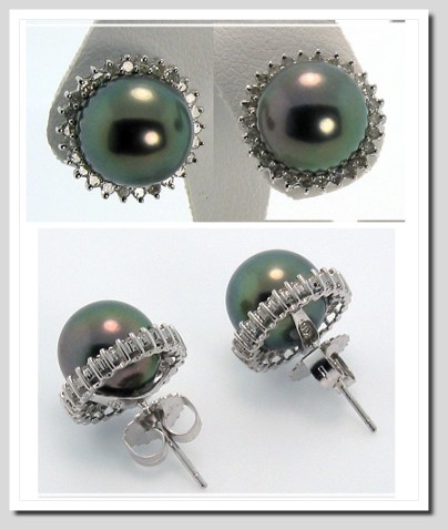 9.4MM Peacock Tahitian Pearl Diamond Earrings 14K White Gold