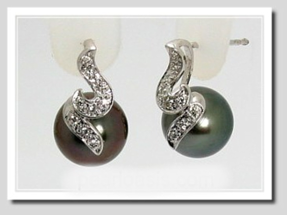 9.8MM Tahitian Pearl Charm Diamond Earrings 18K White Gold 