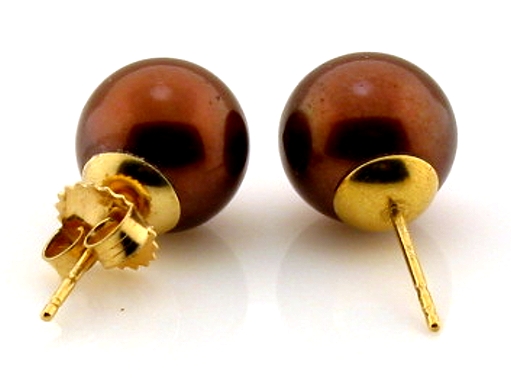 10.4MM Chocolate Tahitian Pearl Earring Studs, 14K Yellow Gold