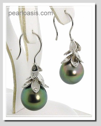 11.3X13MM Peacock Tahitian Pearl Diamond Earrings 18K Gold 