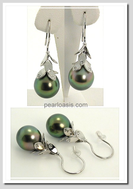 11.3X13MM Peacock Tahitian Pearl Diamond Earrings 18K Gold 