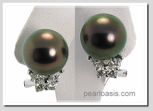 11.10MM Peacock Tahitian Pearl Diamond Earrings 18K Gold Omega Clip