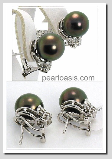 11.10MM Peacock Tahitian Pearl Diamond Earrings 18K Gold Omega Clip
