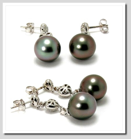 10.9MM Dark Gray Tahitian Pearl Diamond 0.34ct. Heart Earrings 18K White Gold