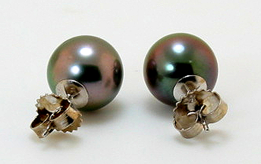 10.2MM Gray/Peacock Tahitian Pearl Earring Studs 14K White Gold