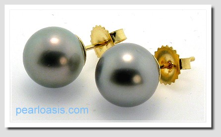 10.35MM Gray Tahitian Pearl Earring Studs 18K Yellow Gold