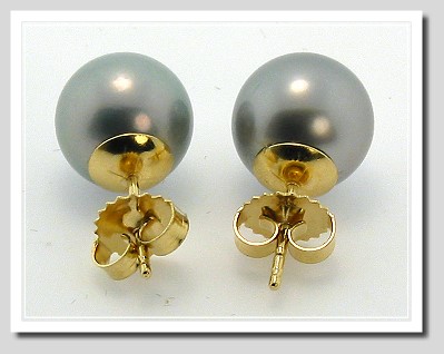 10.35MM Gray Tahitian Pearl Earring Studs 18K Yellow Gold