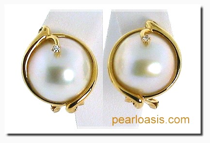 14MM Japanese Mabe Pearl Diamond Earrings Omage Clip 14K Gold