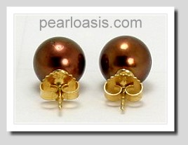 10.5MM Brown/Green Tahitian Pearl Earring Studs 14K Yellow Gold