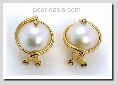 14MM Japanese Mabe Pearl Diamond Earrings Omage Clip 14K Gold