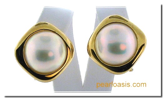 16.5MM Japanese Mabe Pearl Earrings Omage Clip 14K Yellow Gold