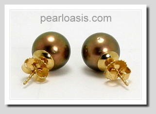 10.1MM Chocalate Brown Tahitian Pearl Earring Studs 14K Yellow Gold