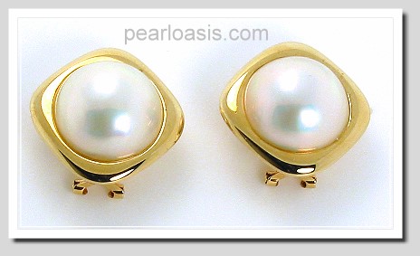 16.5MM Japanese Mabe Pearl Earrings Omage Clip 14K Yellow Gold