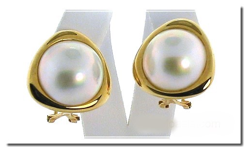 16.5MM Japanese Mabe Pearl Earrings Omage Clip 14K Yellow Gold
