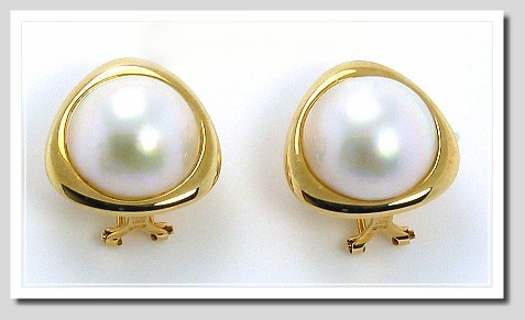 16.5MM Japanese Mabe Pearl Earrings Omage Clip 14K Yellow Gold